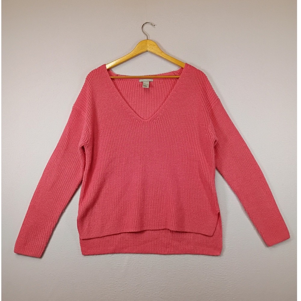Barbiecore H&M Women Small Coral Pink Shaker Knit V-Neck Wool Blend‎ Sweater